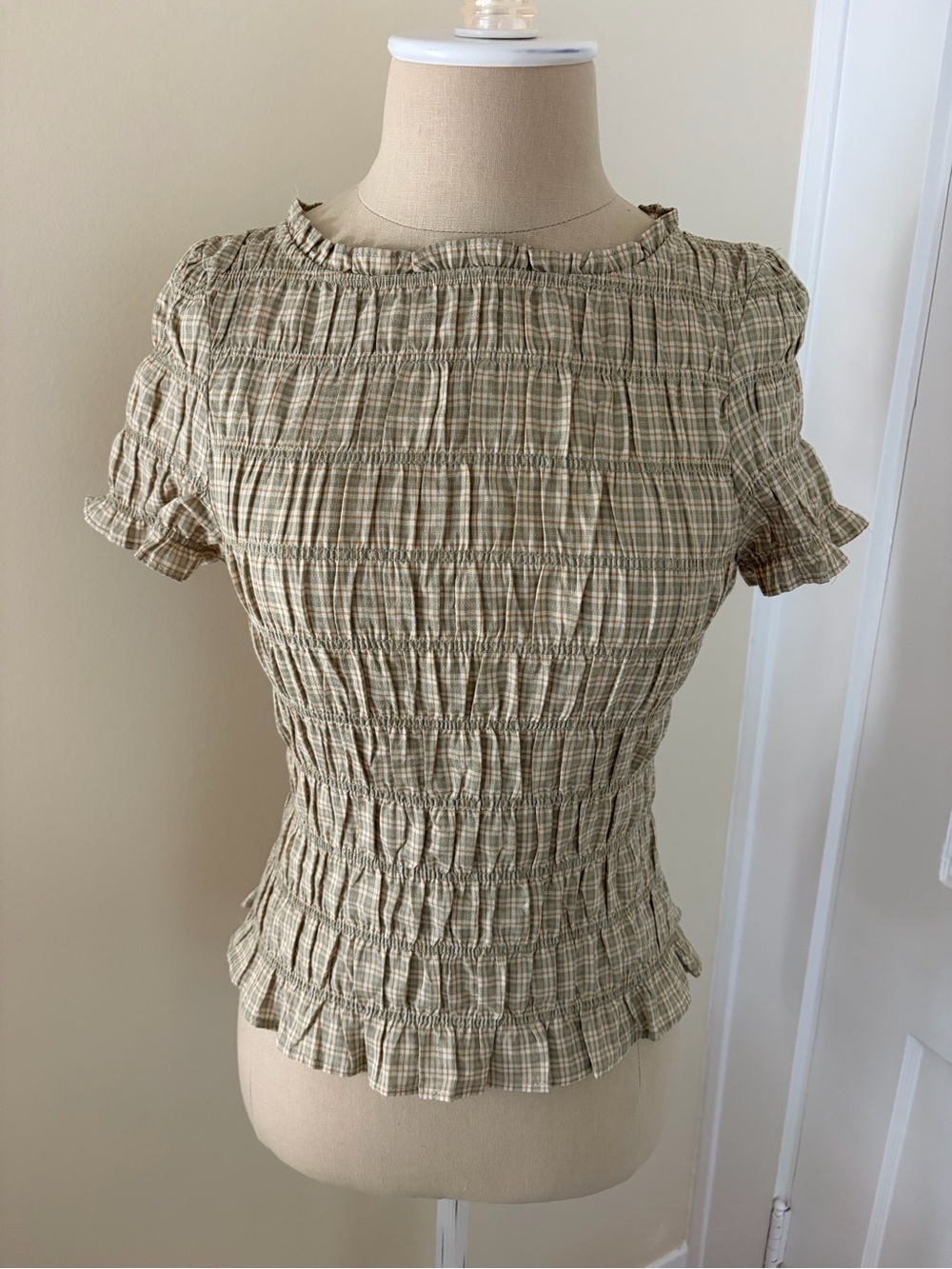 Princess Polly Beige Green Smocked Plaid Short Sleeve Top